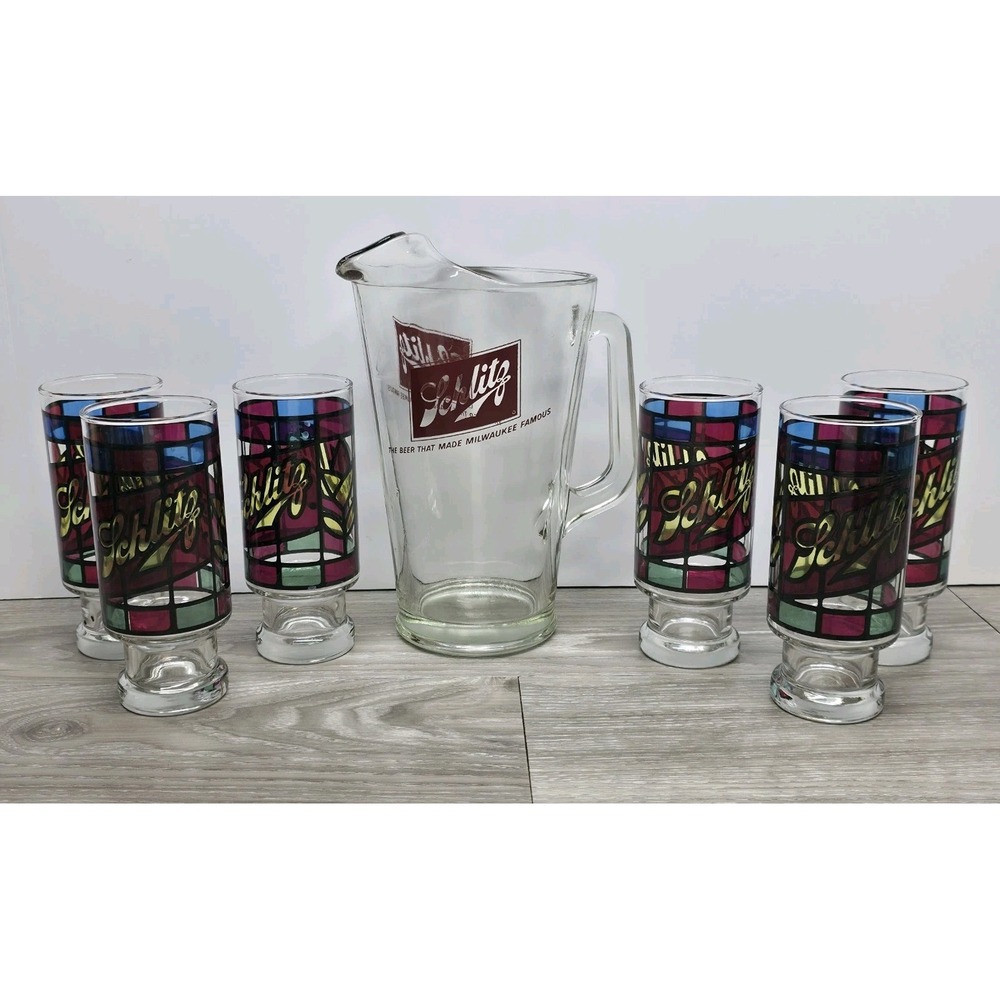 Vintage Schlitz Beer Heavy Glass Pitcher and 6 Stained Glass Style Beer Glasses